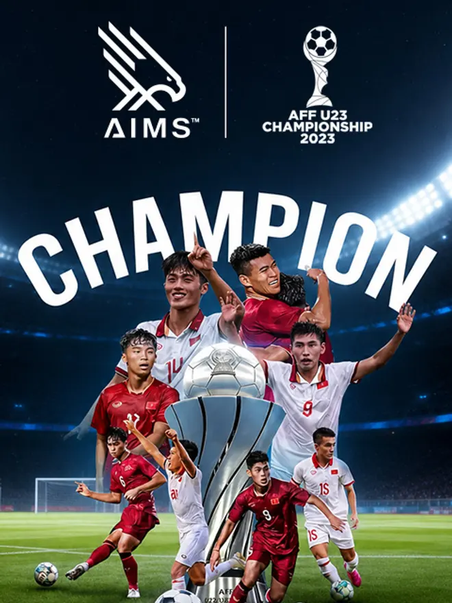 트로피와 함께한 AIMSCAP x AFF U23 Championship 2023 우승 크리에이티브